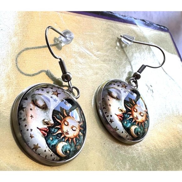 Moon Star Sun Earrings Navy Blue Eclectic Planet Astrology Zodiac Celestial Taro - Picture 10 of 12